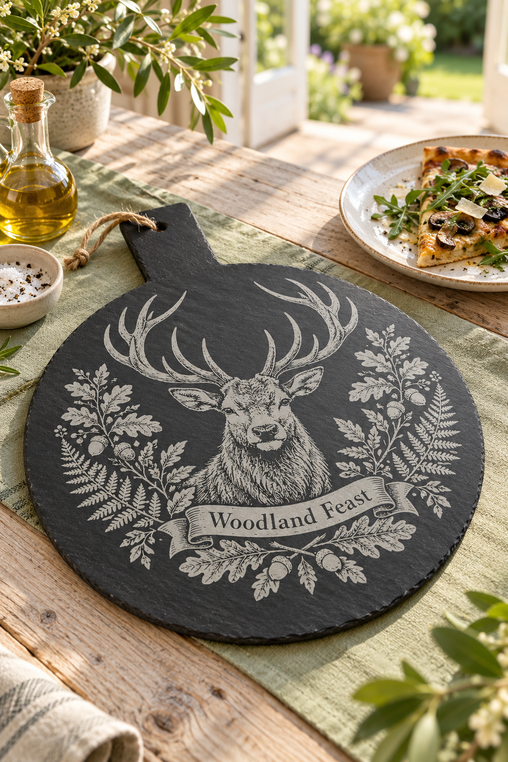 A round black slate serving board with a carved stag and oak leaf design, featuring the text 'Woodland Feast' on a banner. The board is styled on a wooden table with a green runner, surrounded by dining props like a bottle of olive oil, a small dish of peppercorns, and a plate of pizza in an outdoor patio setting.