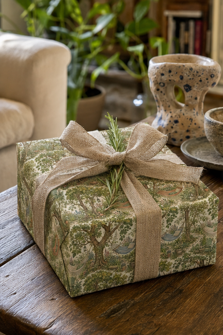 A square gift box wrapped in woodland hammock wrapping paper green and beige toile-style patterned paper with a large burlap ribbon bow and a sprig of rosemary, set on a wooden table in a cozy indoor setting.