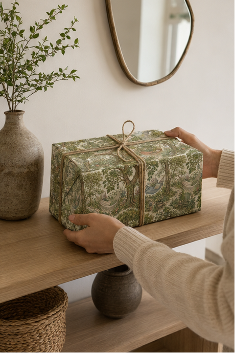 A person in a beige knit sweater holds a gift box wrapped in woodland hammock wrapping paper a green toile-style patterned paper with a natural twine bow, placed on a wooden shelf in a styled interior setting.