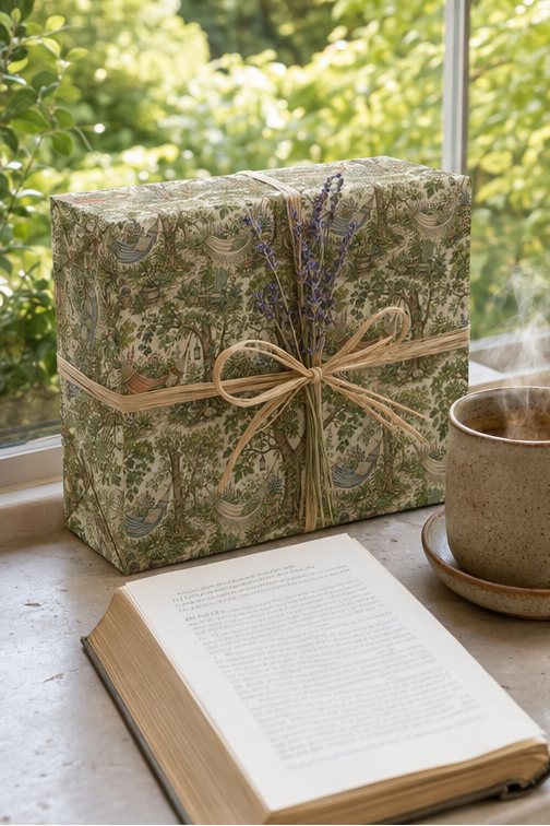 A rectangular gift box wrapped in woodland hammock wrapping paper green and beige botanical-patterned paper with a natural twine bow and dried lavender sprigs, placed on a windowsill beside an open book and a steaming mug with a blurred outdoor garden background.