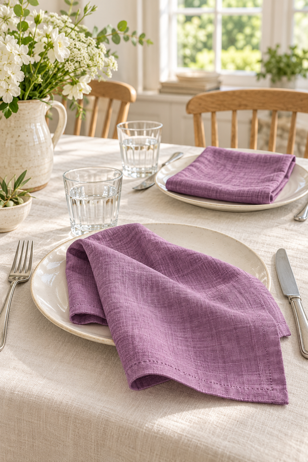 Warm woodrose pink, soft linen and a table ready for company. These handmade napkins pair easily with white plates, natural wood and earthy ceramics. Each set includes two 40 × 40cm napkins in 100% stone-washed linen