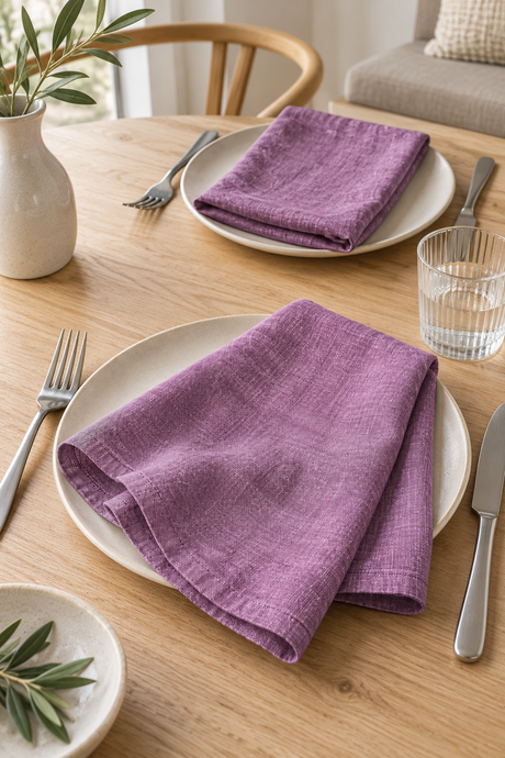 Set of two handmade woodrose pink napkins made from 100% stone-washed linen, 190gsm. Each napkin measures 40 × 40cm. Pre-washed for softness, with a relaxed texture suitable for everyday dining and entertaining. Made using OEKO-TEX-certified fabric.