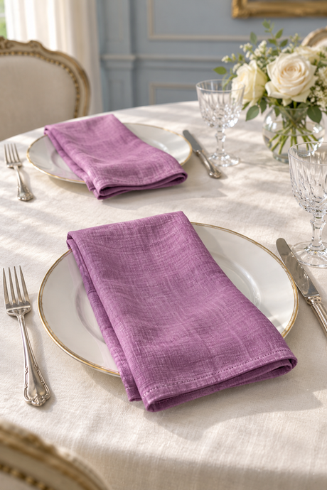 Set of two handmade woodrose pink napkins made from 100% stone-washed linen, 190gsm. Each napkin measures 40 × 40cm. Pre-washed for softness, with a relaxed texture suitable for everyday dining and entertaining. Made using OEKO-TEX-certified fabric.