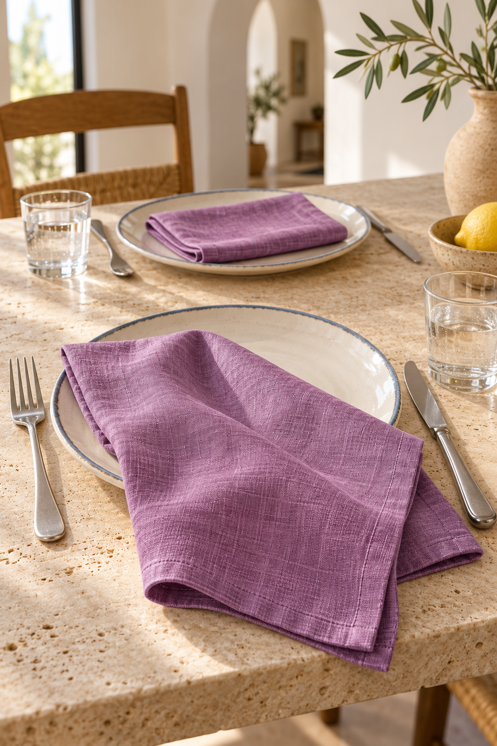 Set of two handmade woodrose pink napkins made from 100% stone-washed linen, 190gsm. Each napkin measures 40 × 40cm. Pre-washed for softness, with a relaxed texture suitable for everyday dining and entertaining. Made using OEKO-TEX-certified fabric.