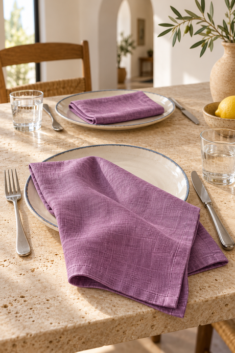 Set of two handmade woodrose pink napkins made from 100% stone-washed linen, 190gsm. Each napkin measures 40 × 40cm. Pre-washed for softness, with a relaxed texture suitable for everyday dining and entertaining. Made using OEKO-TEX-certified fabric.