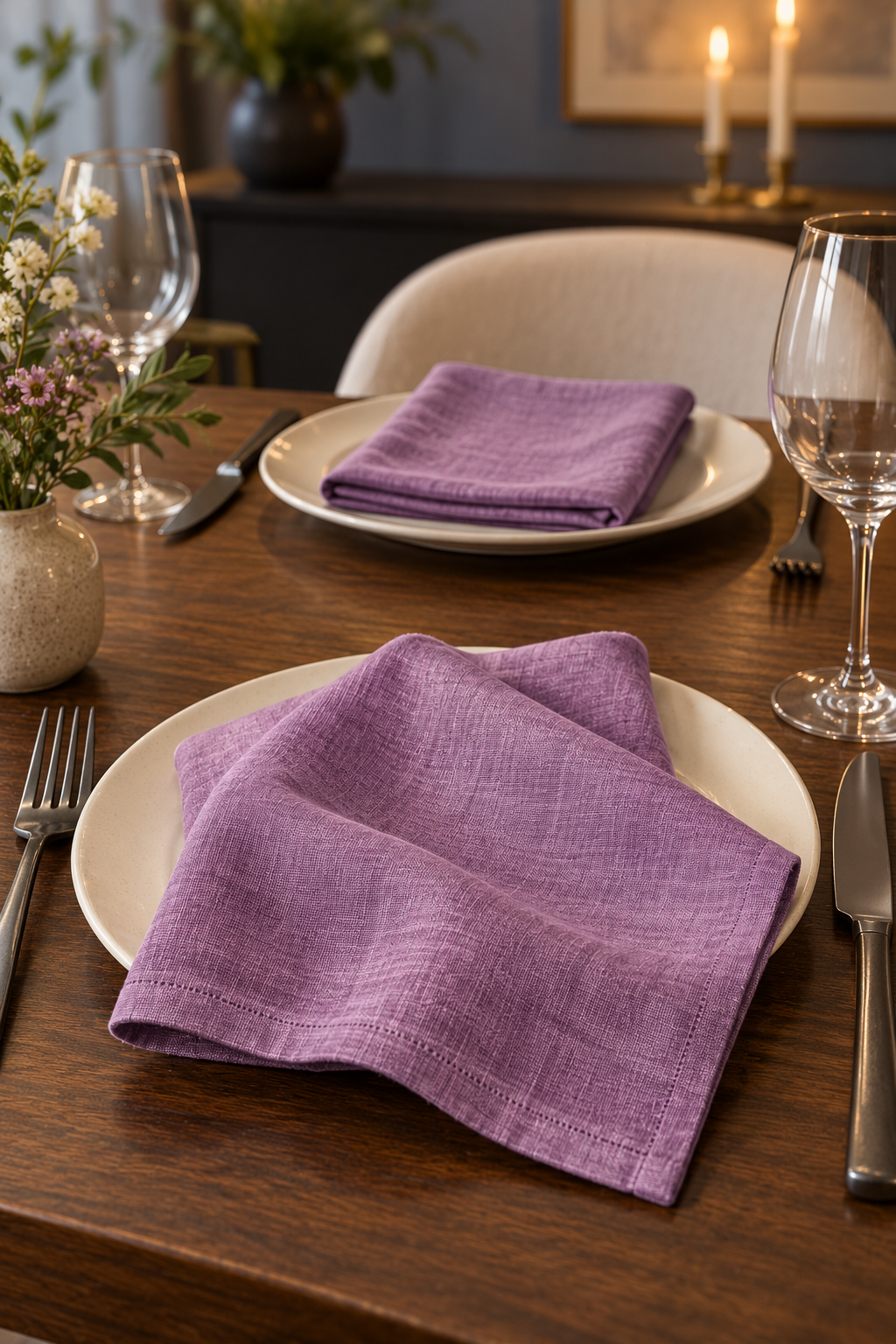 Set of two handmade woodrose pink napkins made from 100% stone-washed linen, 190gsm. Each napkin measures 40 × 40cm. Pre-washed for softness, with a relaxed texture suitable for everyday dining and entertaining. Made using OEKO-TEX-certified fabric.