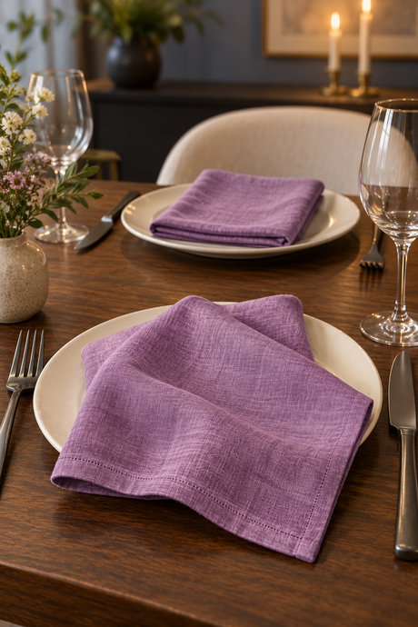 Set of two handmade woodrose pink napkins made from 100% stone-washed linen, 190gsm. Each napkin measures 40 × 40cm. Pre-washed for softness, with a relaxed texture suitable for everyday dining and entertaining. Made using OEKO-TEX-certified fabric.