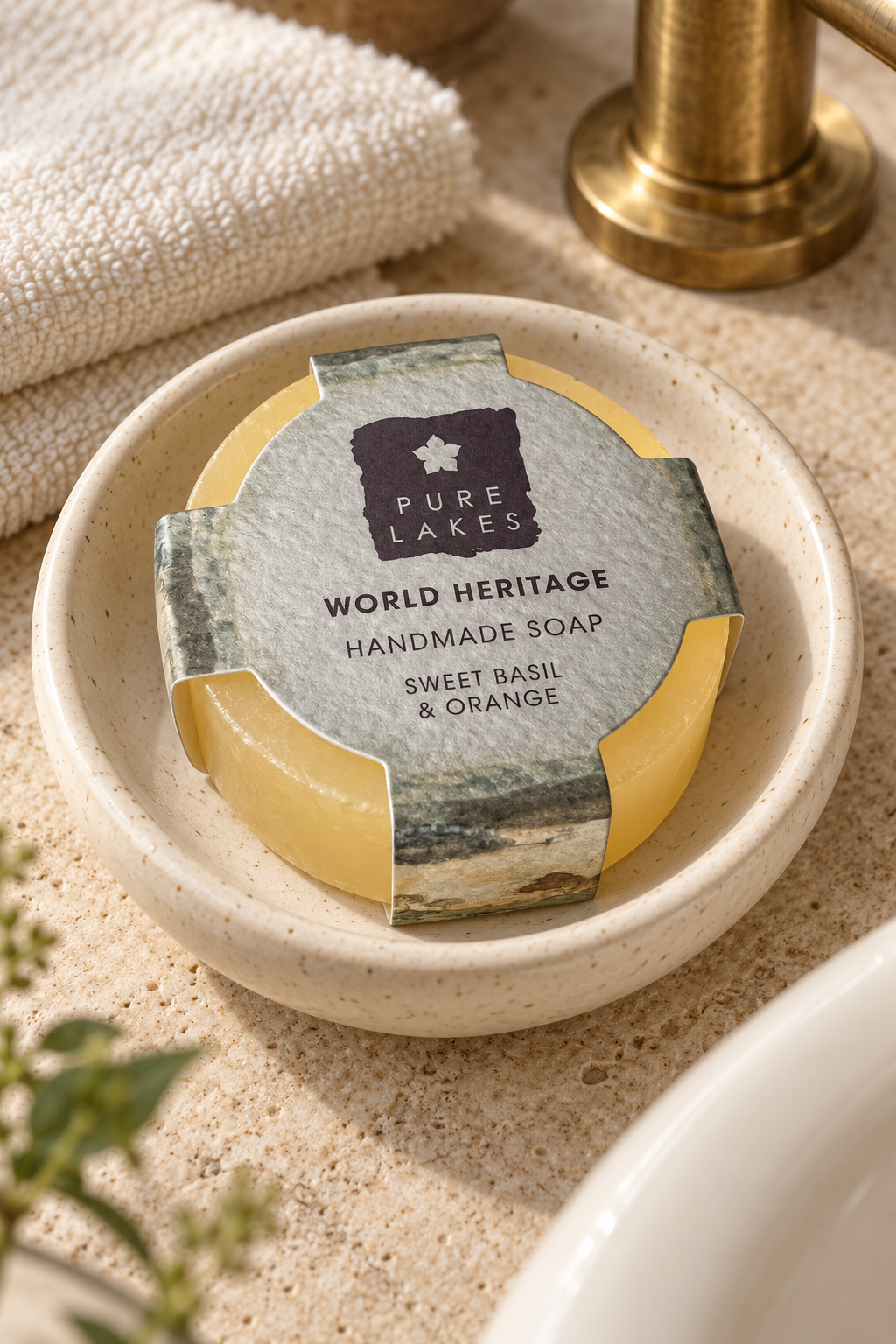 A round bar of Pure Lakes handmade soap in 'Sweet Basil & Orange' scent, wrapped in a textured paper sleeve, resting in a speckled ceramic soap dish on a stone surface with a gold faucet and white towel in the background.