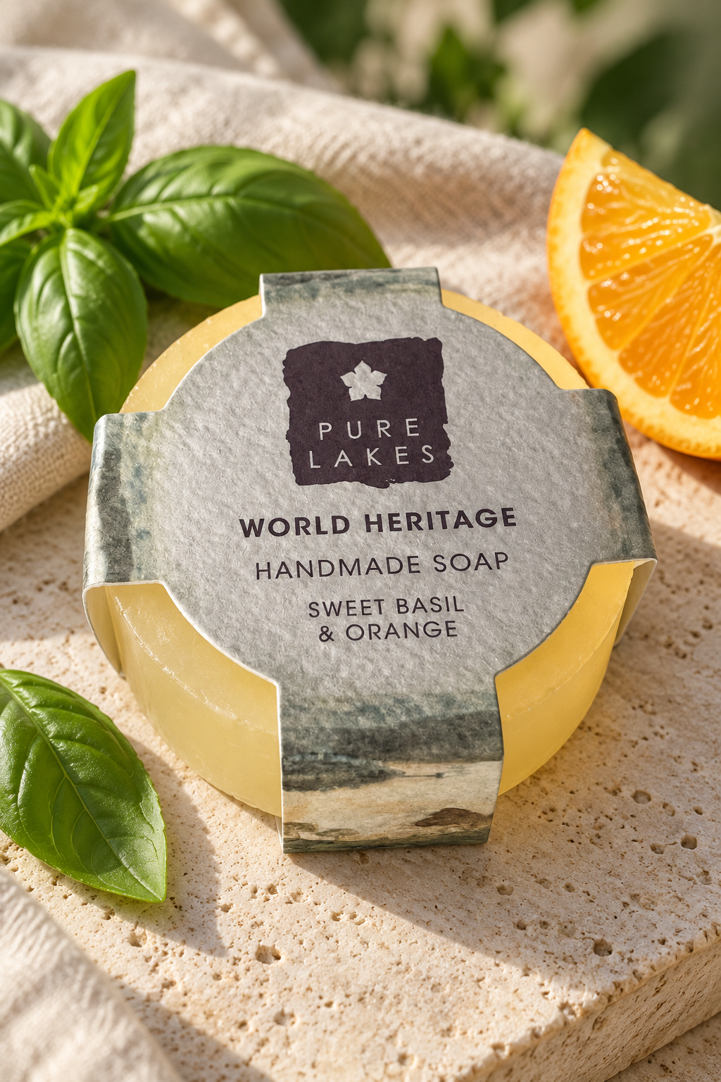 A round bar of Pure Lakes Sweet Basil & Orange handmade soap wrapped in a textured gray paper sleeve, styled on a stone surface with basil leaves and an orange slice.