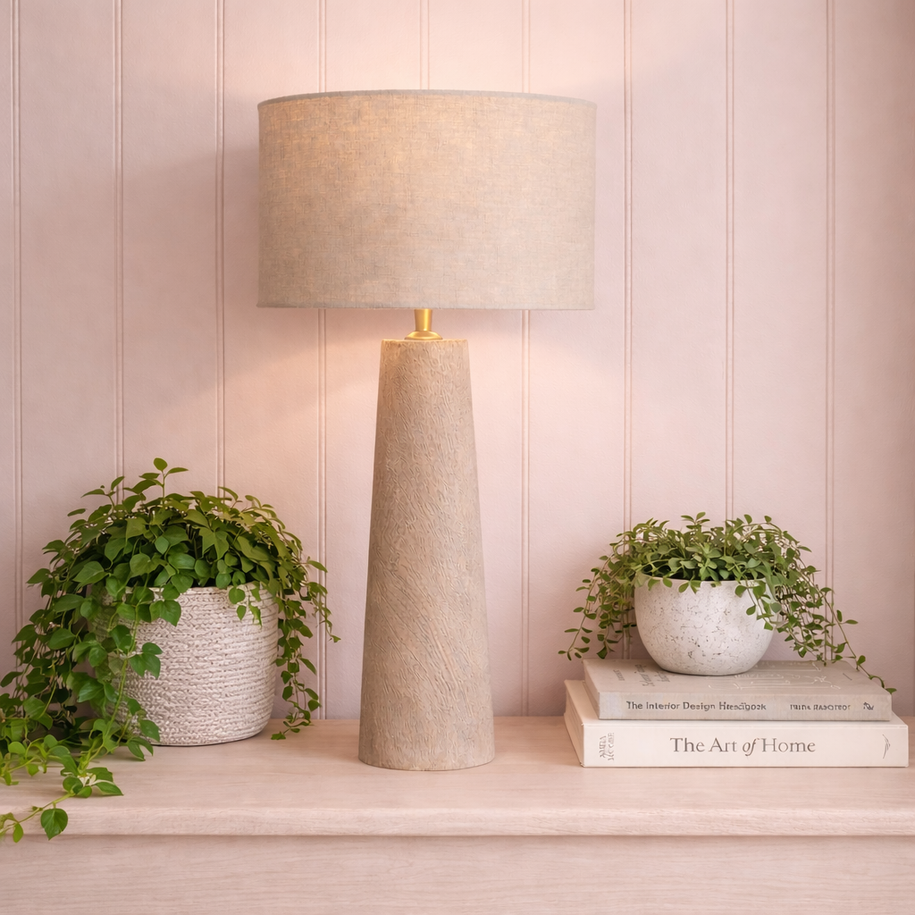 Decorative lamp with a textured base and beige shade on a shelf with books and plants.