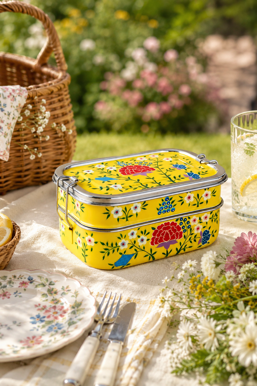 Yellow Floral Garland Hand Painted Stainless Steel Tiffin Lunch Box