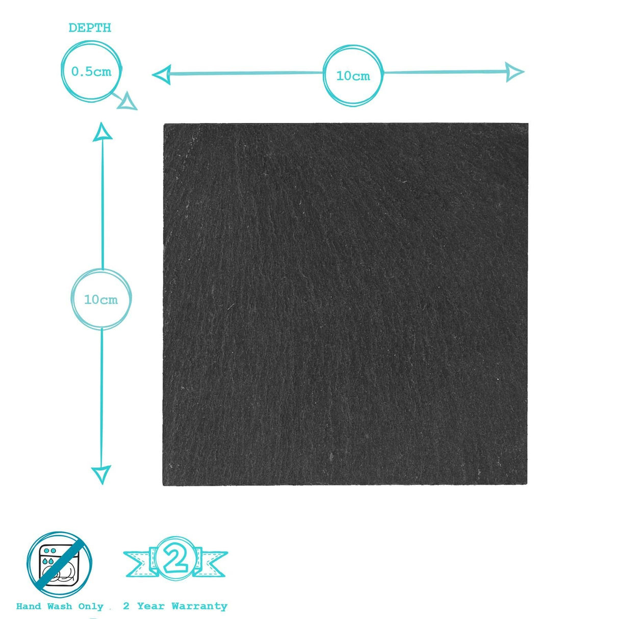 Black square sample with measurements and product details on a white background