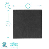 Black square sample with measurements and product details on a white background