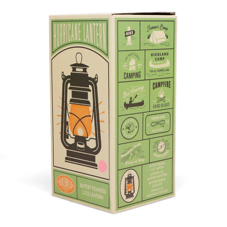 Box packaging of a battery-powered LED lantern with illustrations on a white background