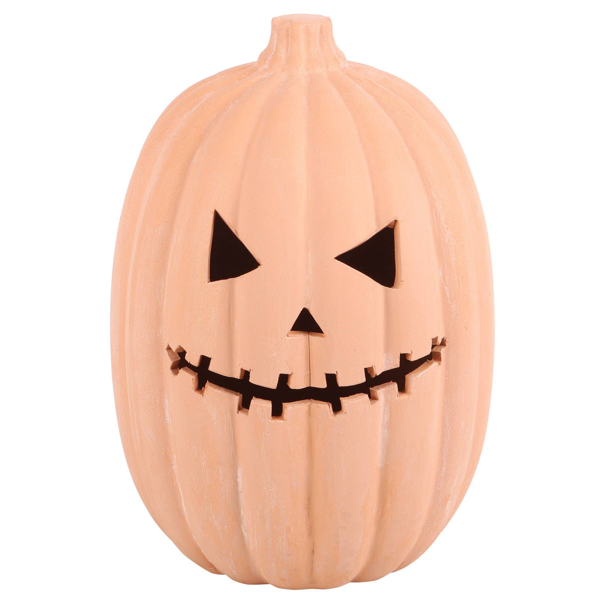 Decorative terracotta pumpkin with a jack-o'-lantern face on a white background