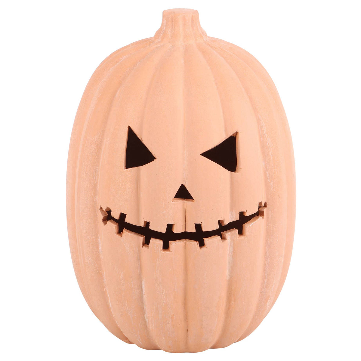 Decorative terracotta pumpkin with a jack-o'-lantern face on a white background