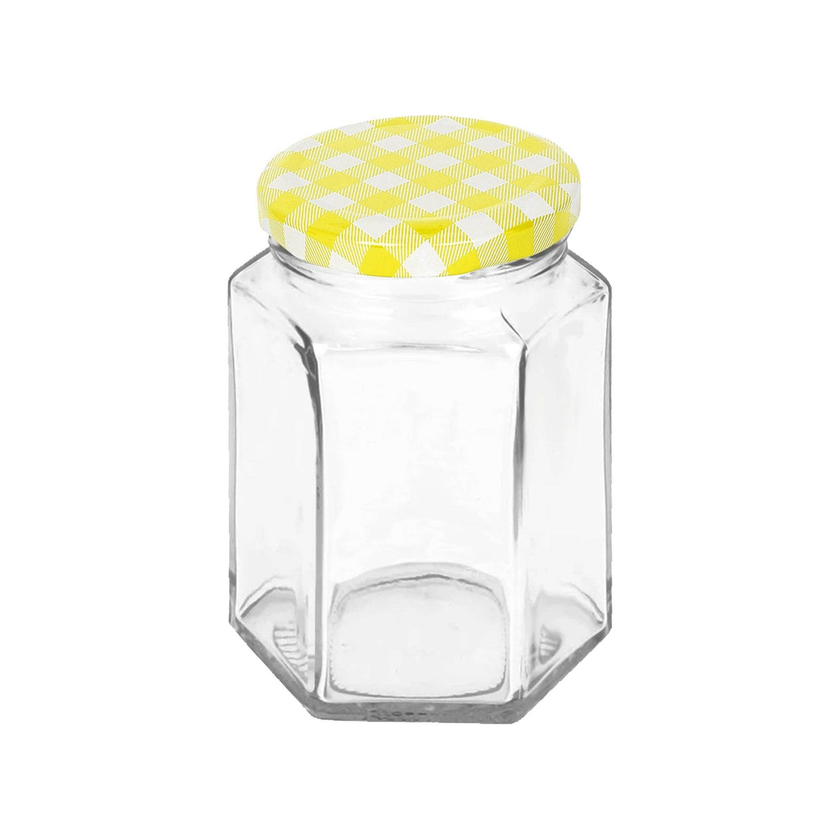 Clear glass hexagonal jar with a yellow checkered lid on a white background