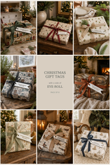 A collage showing eight wrapped gift boxes with different Christmas-themed eye-roll patterned paper and ribbon bows, plus a central text panel that reads 'CHRISTMAS GIFT TAGS with a look of EYE-ROLL PACK OF 8'.