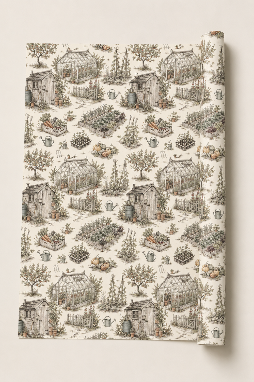 Rolled allotment wrapping paper suitable for gardeners, veg growers and garden-themed gifts.