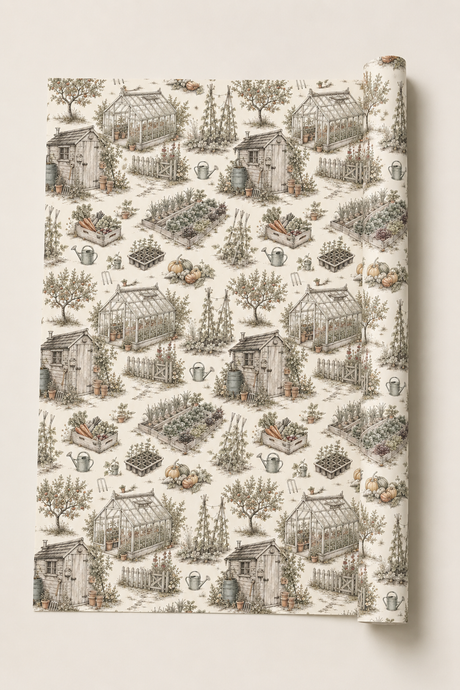 Rolled allotment wrapping paper suitable for gardeners, veg growers and garden-themed gifts.