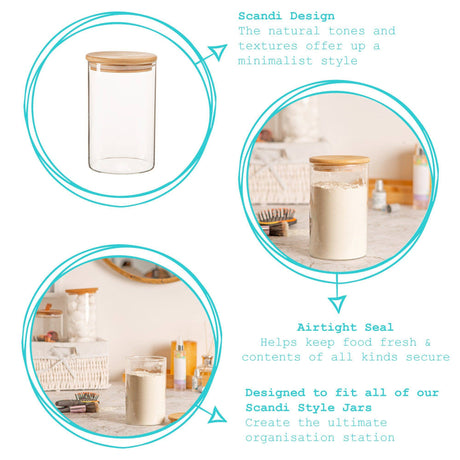 Glass jar with wooden lid on a kitchen counter, surrounded by text describing Scandi design and airtight seal.