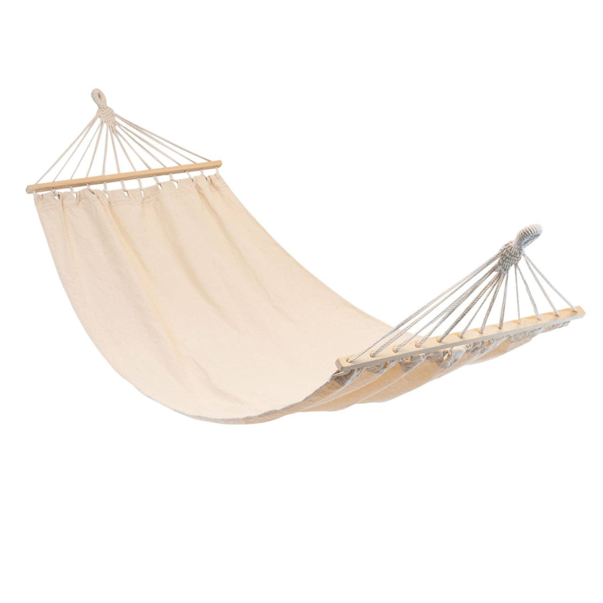 Beige hammock with wooden bars on a white background