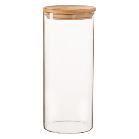 Clear glass jar with a wooden lid on a white background