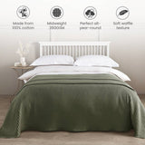 Green waffle-textured blanket on a bed with product features listed above.