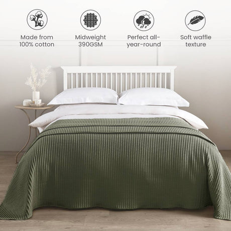 Green waffle-textured blanket on a bed with product features listed above.