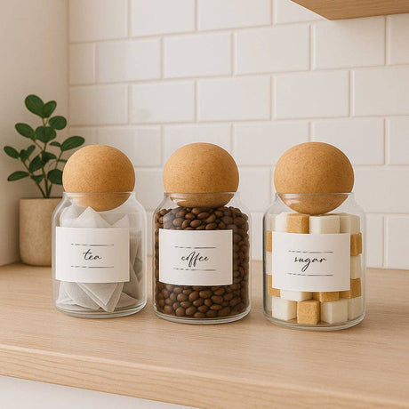 Three glass jars labeled 'tea', 'coffee', and 'sugar' on a wooden surface with a white tiled wall background.