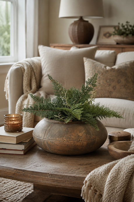Cozy living room with a wooden coffee table, fern in a baybridge plant pot, and books.