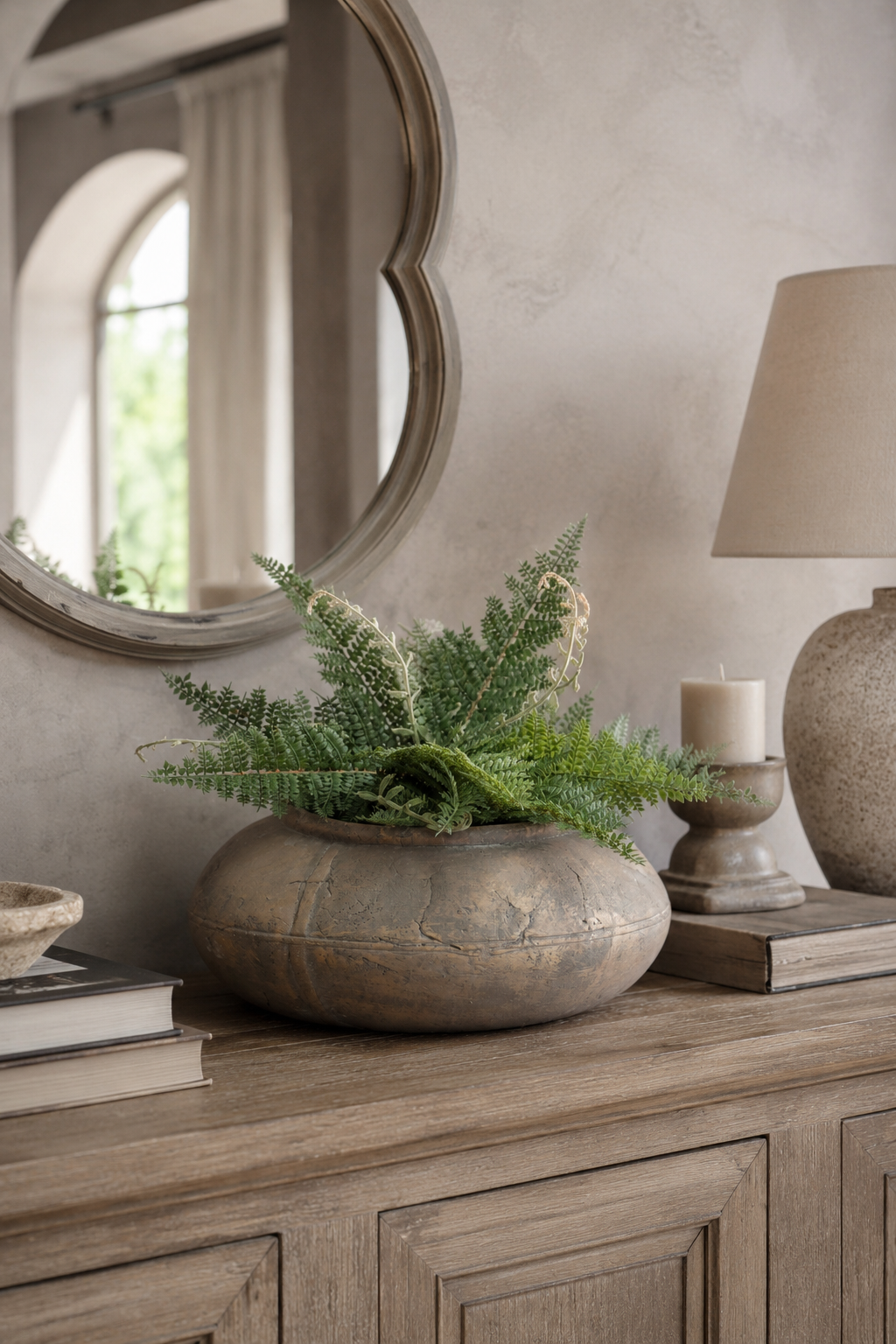 baybridge plant pot on a wooden side board with a fern in it.