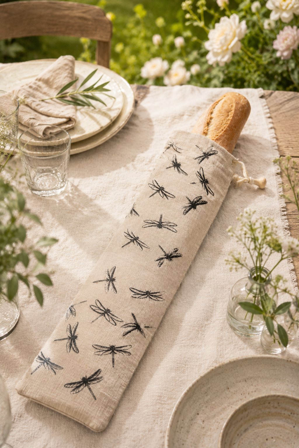 Linen Baguette Bag – Dragonfly Design French Stick Bread Bag Natural
