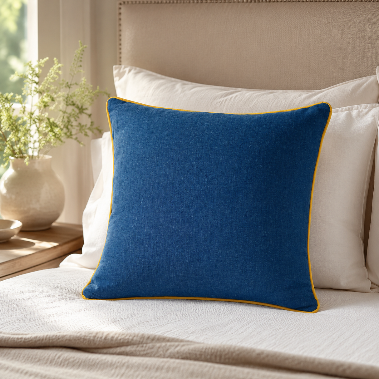 Plain deep blue linen cushion cover with mustard piping styled on a cream sofa.