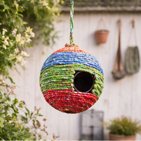 Colorful woven birdhouse hanging in a garden setting with flowers and plants.