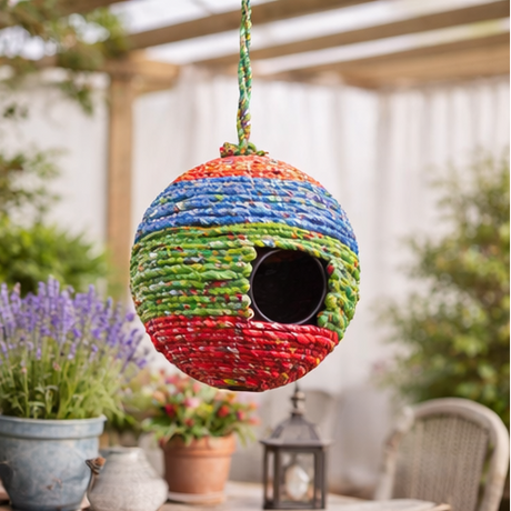 Colorful woven birdhouse hanging in a garden setting with flowers and plants.