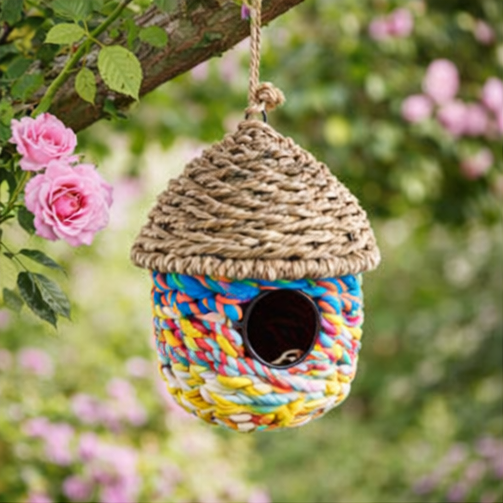 Colourful woven birdhouse hanging in a garden with flowers and trees.