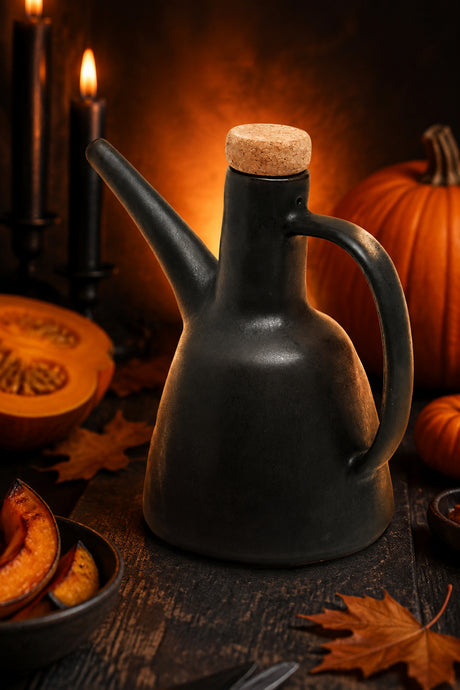 A matte black ceramic oil bottle with a cork stopper, styled on a rustic wooden table with autumn props including pumpkins, sliced melon, and lit candles.