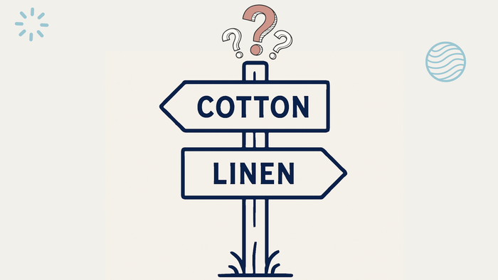 Directional sign with 'Cotton' and 'Linen' options on a light blue background. Linen vs Cotton Napkins: Which Is Better for Everyday Use.