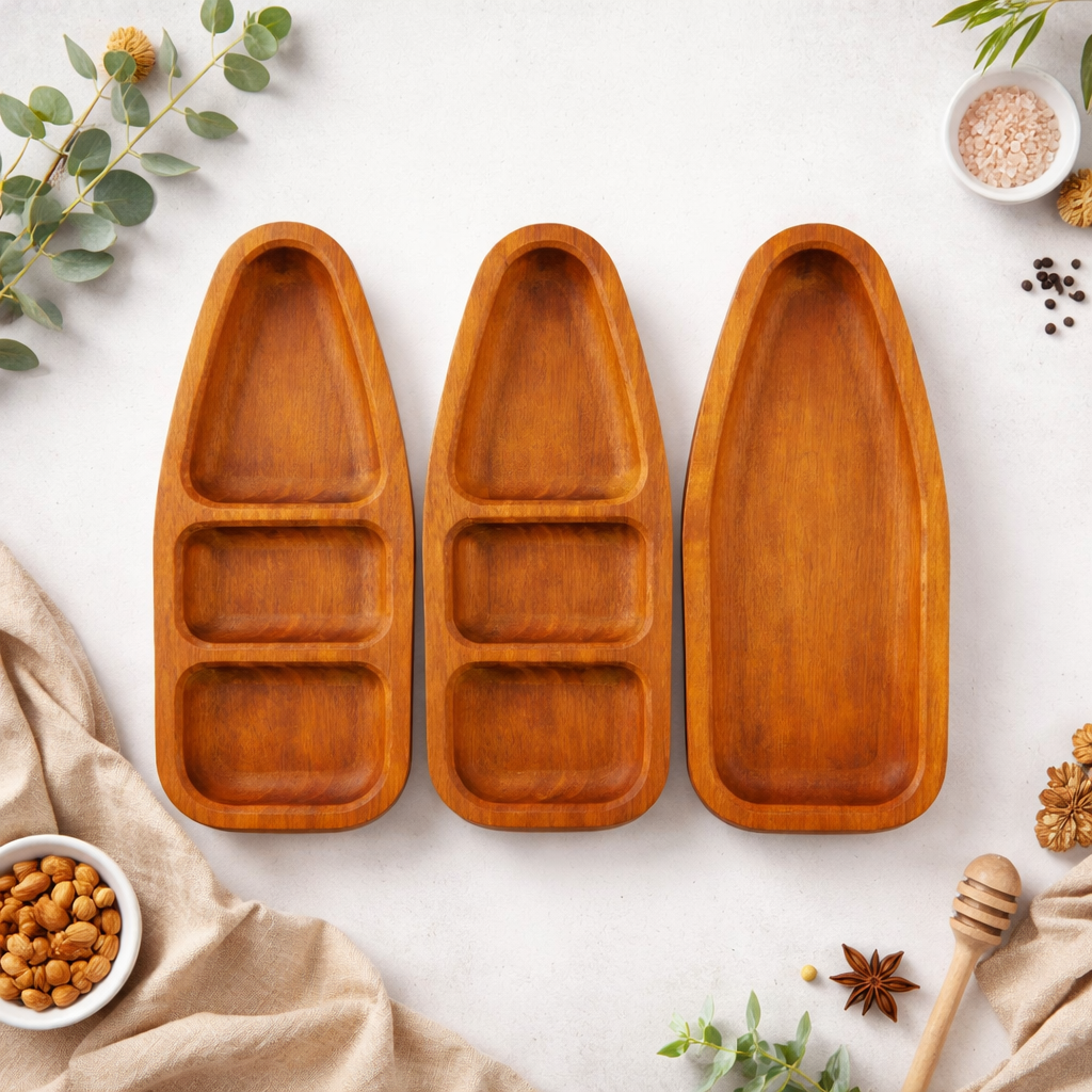 Three wooden trays on a light background with decorative elements.