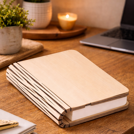 Wooden notebook on a wooden table with a candle and plants in the background