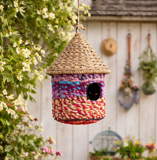 Colourful braided birdhouse hanging against a garden background with flowers and a wooden shed.