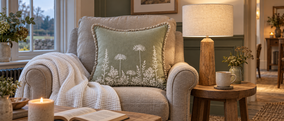 A sage botanical cushion, woven throw and wooden lamp beside an armchair and an open book.