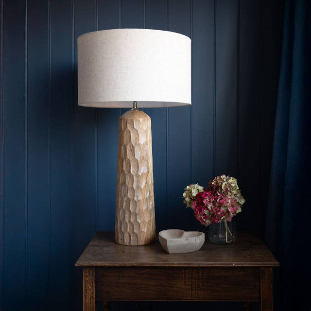 Siston Textured Wooden Table Lamp – Mango Wood with Linen Shade