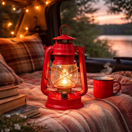 Red lantern and mug on a blanket with a scenic background