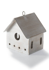 A small decorative house-shaped birdhouse or ornament with a weathered gray wood-grain finish and a hanging loop at the top, shown on a clean white background.