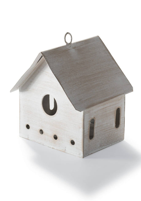 A small decorative house-shaped birdhouse or ornament with a weathered gray wood-grain finish and a hanging loop at the top, shown on a clean white background.