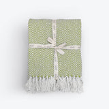 Green and white patterned blanket with tassels on a white background
