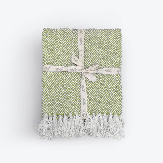 Green and white patterned blanket with tassels on a white background