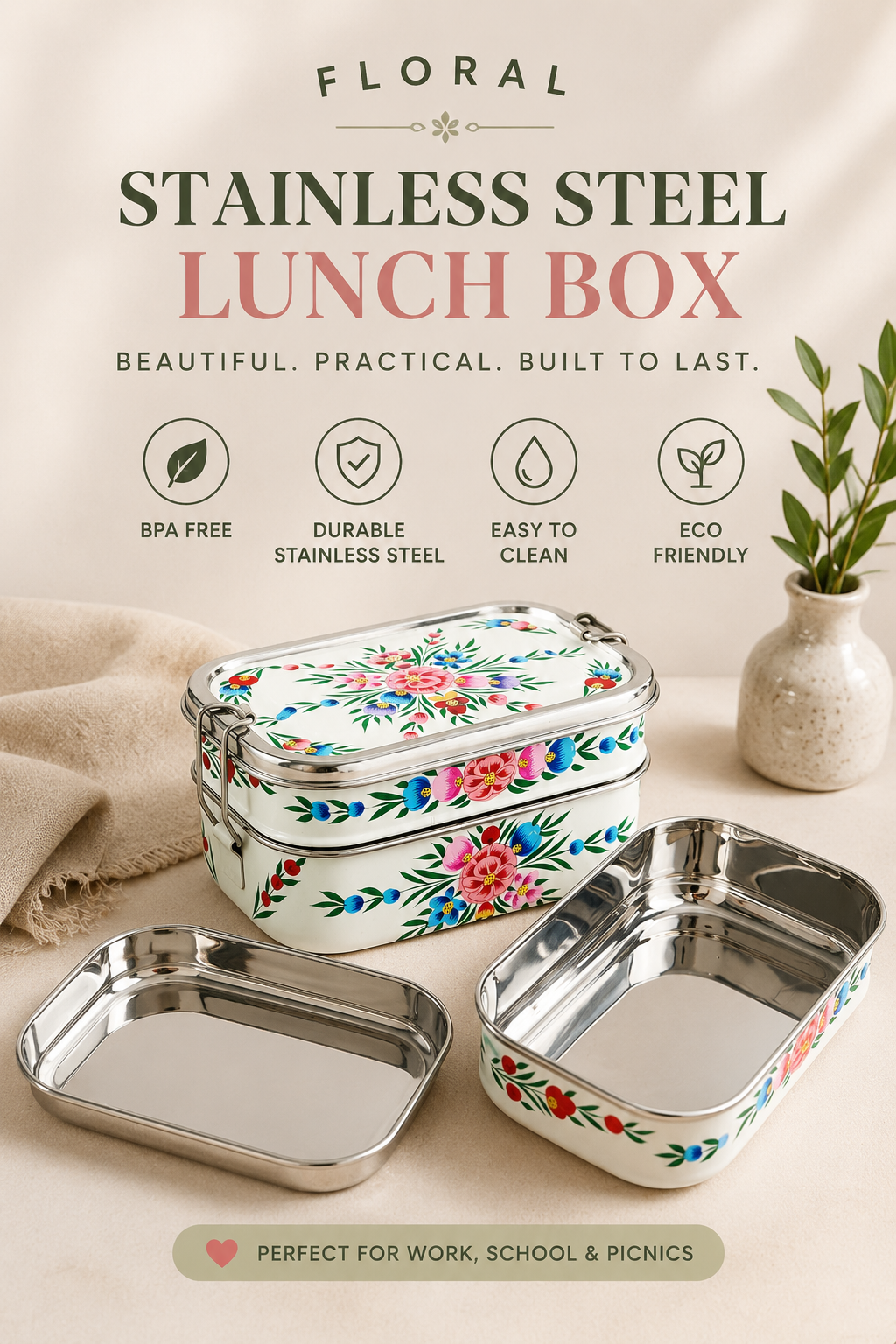Stainless steel lunch box with floral design on a neutral background